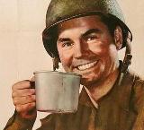 Cartel de soldado bebiendo café